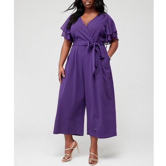 City Chic Jumpsuit Purple Tie Waist Flutter Sleeve Size 18 - Picture 1 of 6